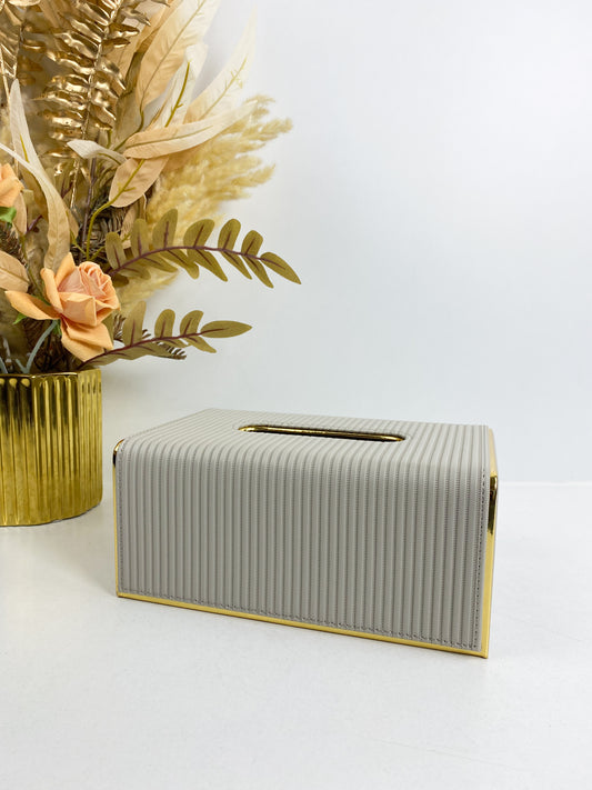Boîte à serviettes en cuir rayé, boîte à mouchoirs de luxe avec bordure dorée-Gris clair
