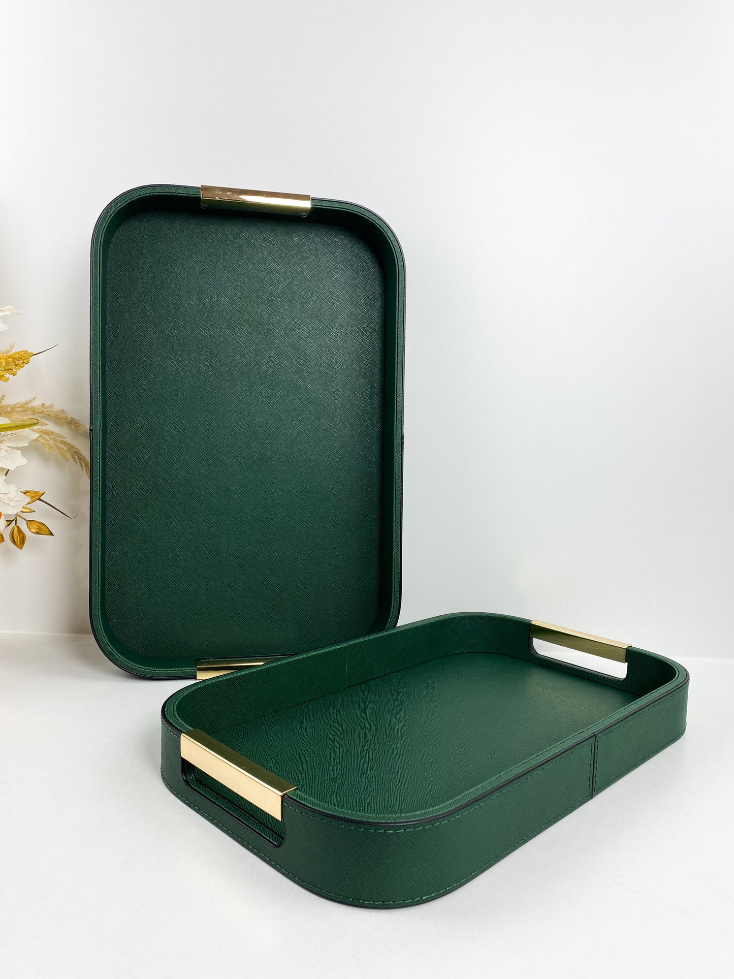 Plateau de service en cuir  avec poignées doré-Vert