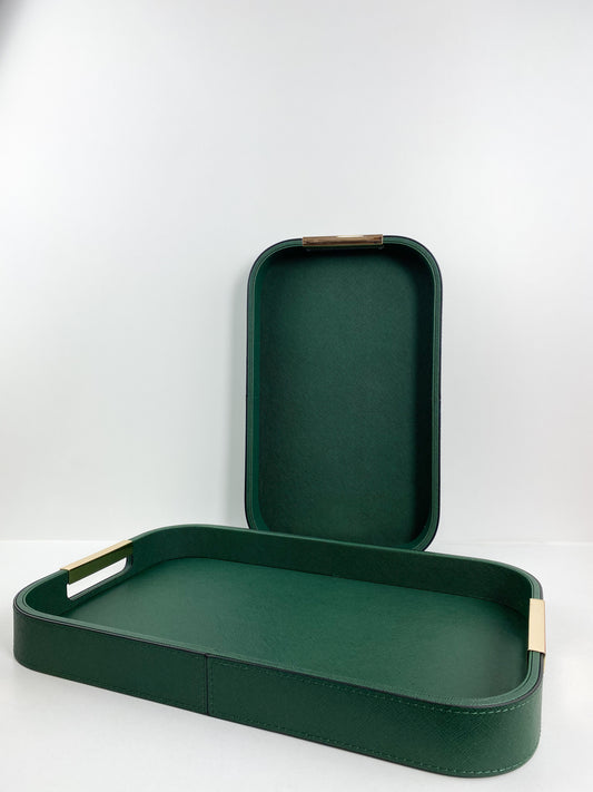 Plateau de service en cuir  avec poignées doré-Vert