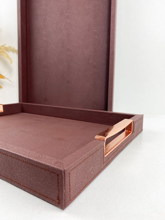 Duo Plateau de service élégant décoration simili cuir en bordeaux