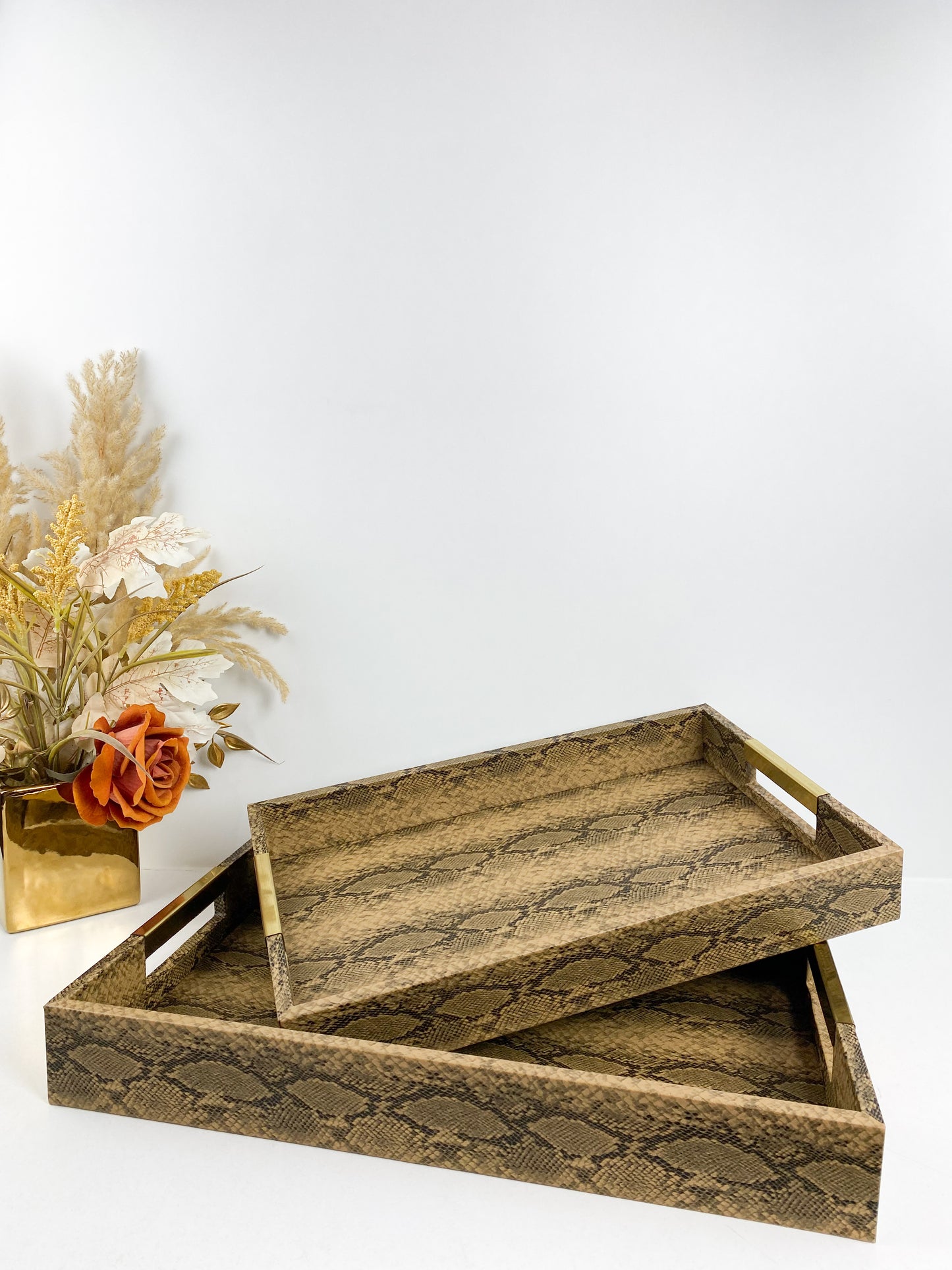 Lot de 2 plateaux gigognes décoratifs de style luxueux moderne en imitation peau de serpent doré en acier inoxydable