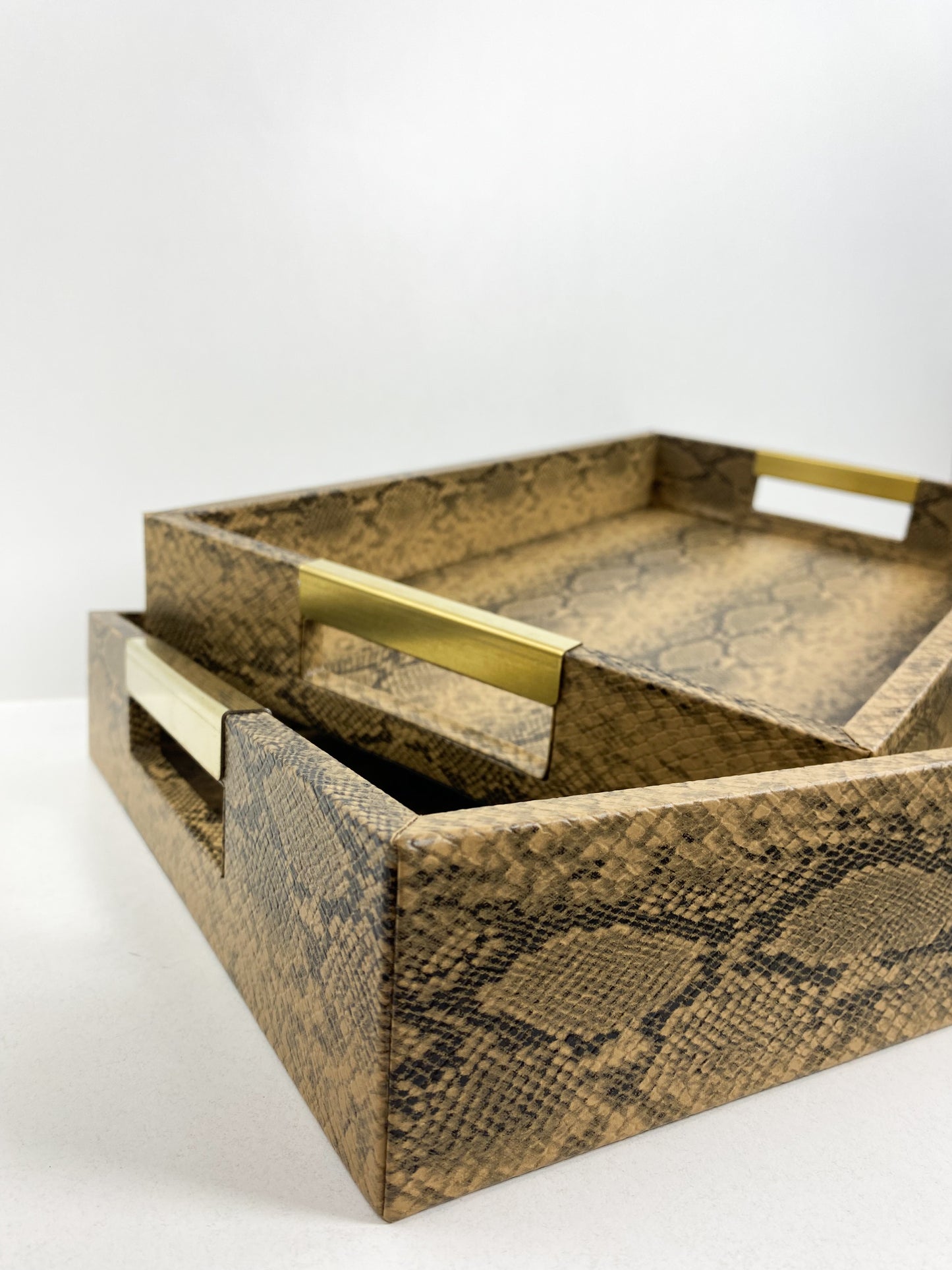 Lot de 2 plateaux gigognes décoratifs de style luxueux moderne en imitation peau de serpent doré en acier inoxydable