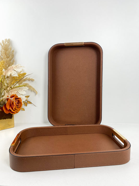 Ensemble de 2 plateaux en similicuir avec poignée en doré(marron)