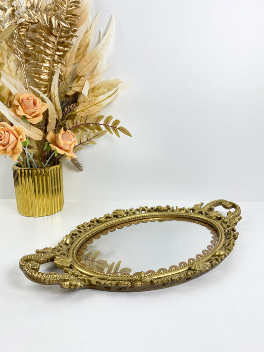 Plateau miroir biseauté avec cadre en bronze doré