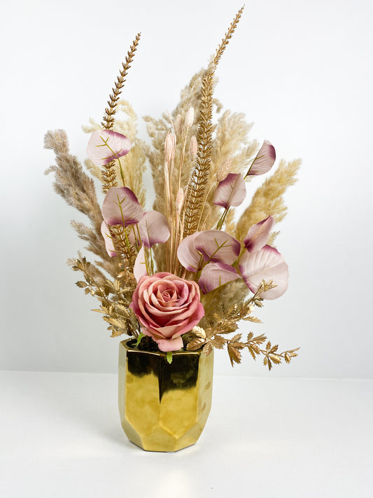 Fleurs Séchées–Vase or avec fleurs séchées mauve