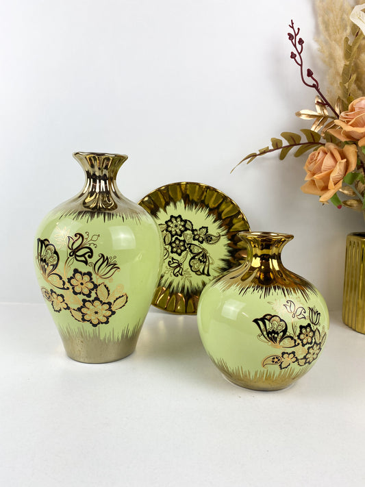 Deux vase floral vert avec assiette pack de 3 pièce