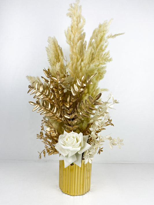 Fleurs Séchées–Vase avec fleurs séchées blanc et doré