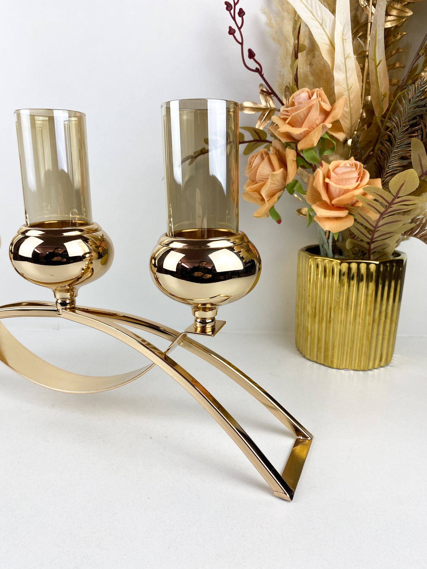 Bougeoirs–porte-bougie 3 branches or avec cylindre en verre