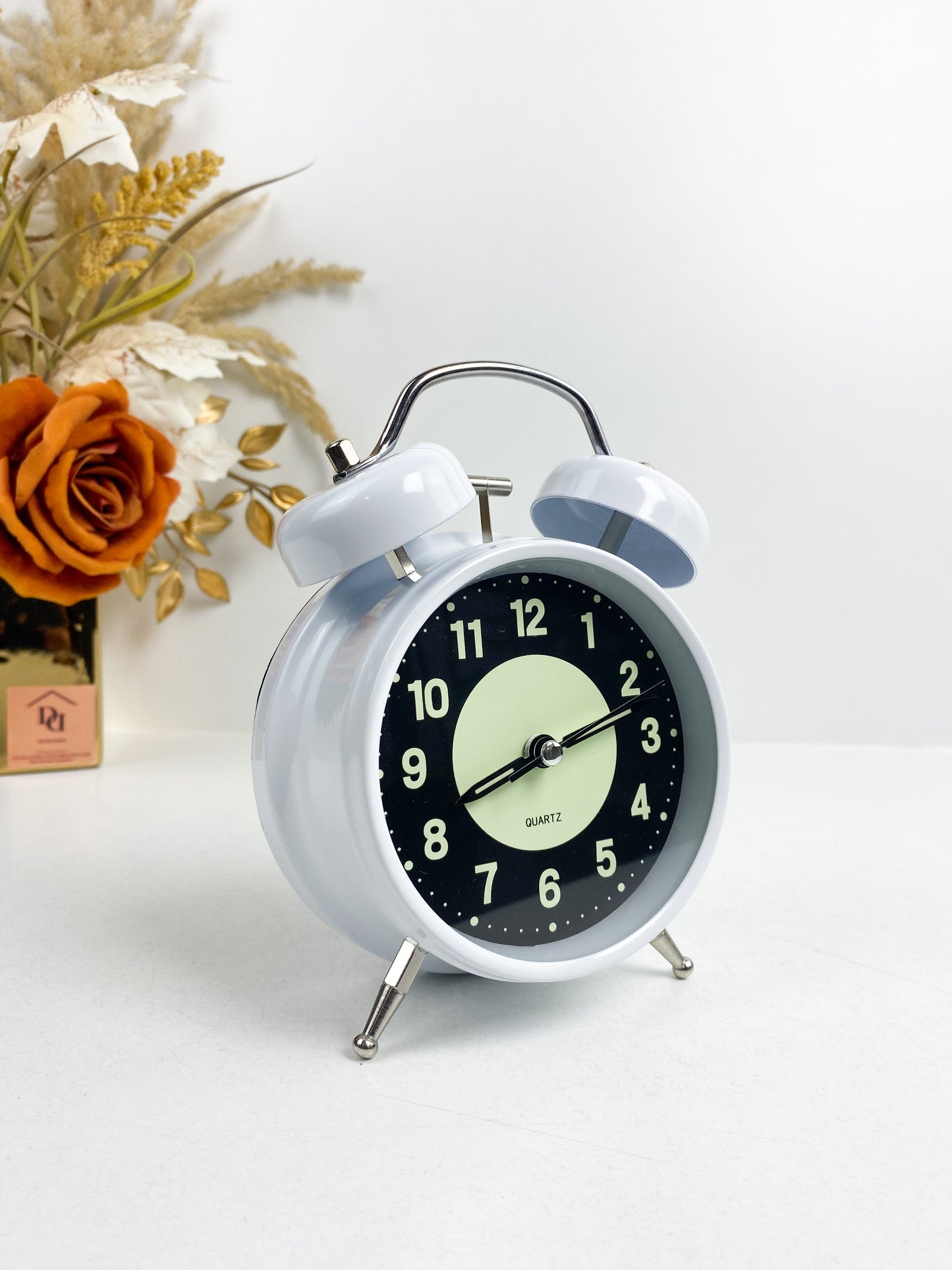 Réveil double cloche en métal super fort avec veilleuse, blanc