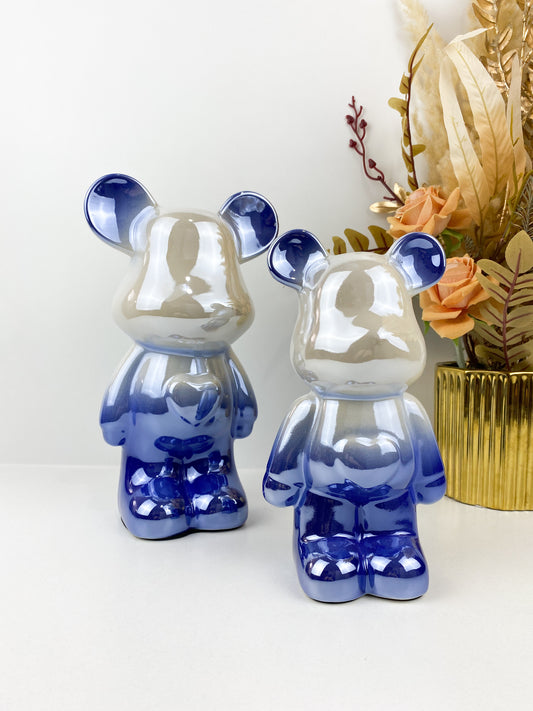 Ourson décoratif en céramique galvanisée blanc et bleu