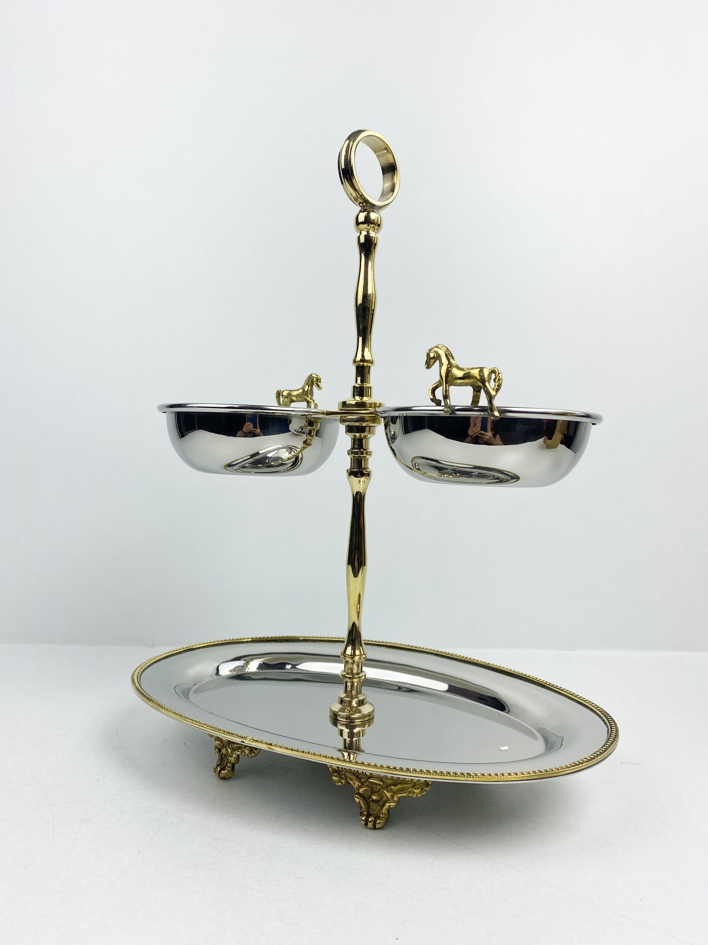Présentoir à deux niveaux avec bols motifs de chevaux-Support en acier inoxydable avec bordure dorée