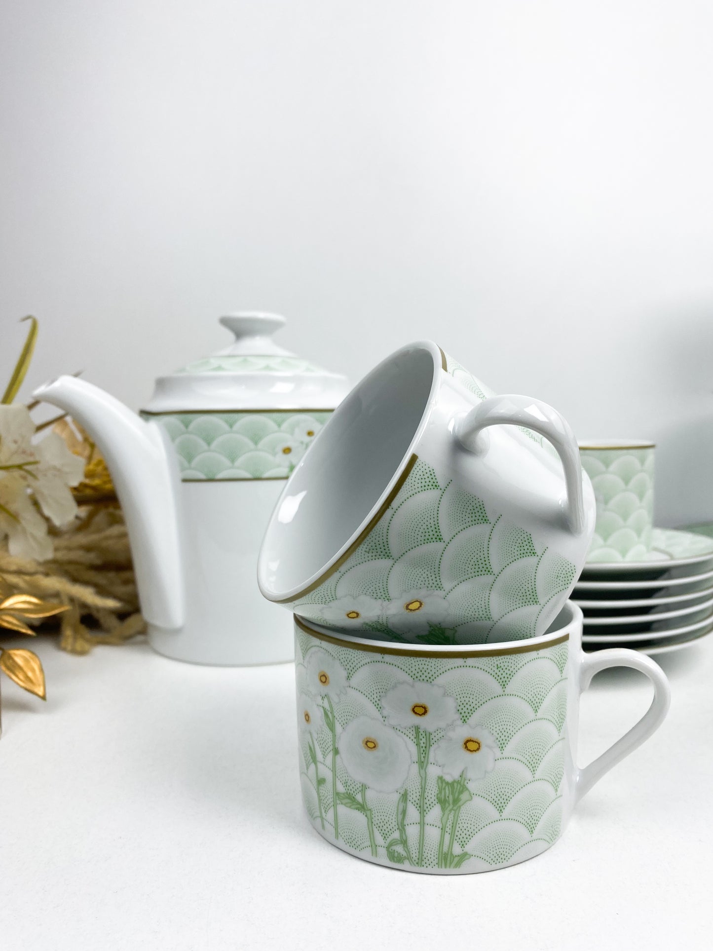 Set  à the /café-20 Pieces- service à gâteau  avec un motif floral-vert pastel