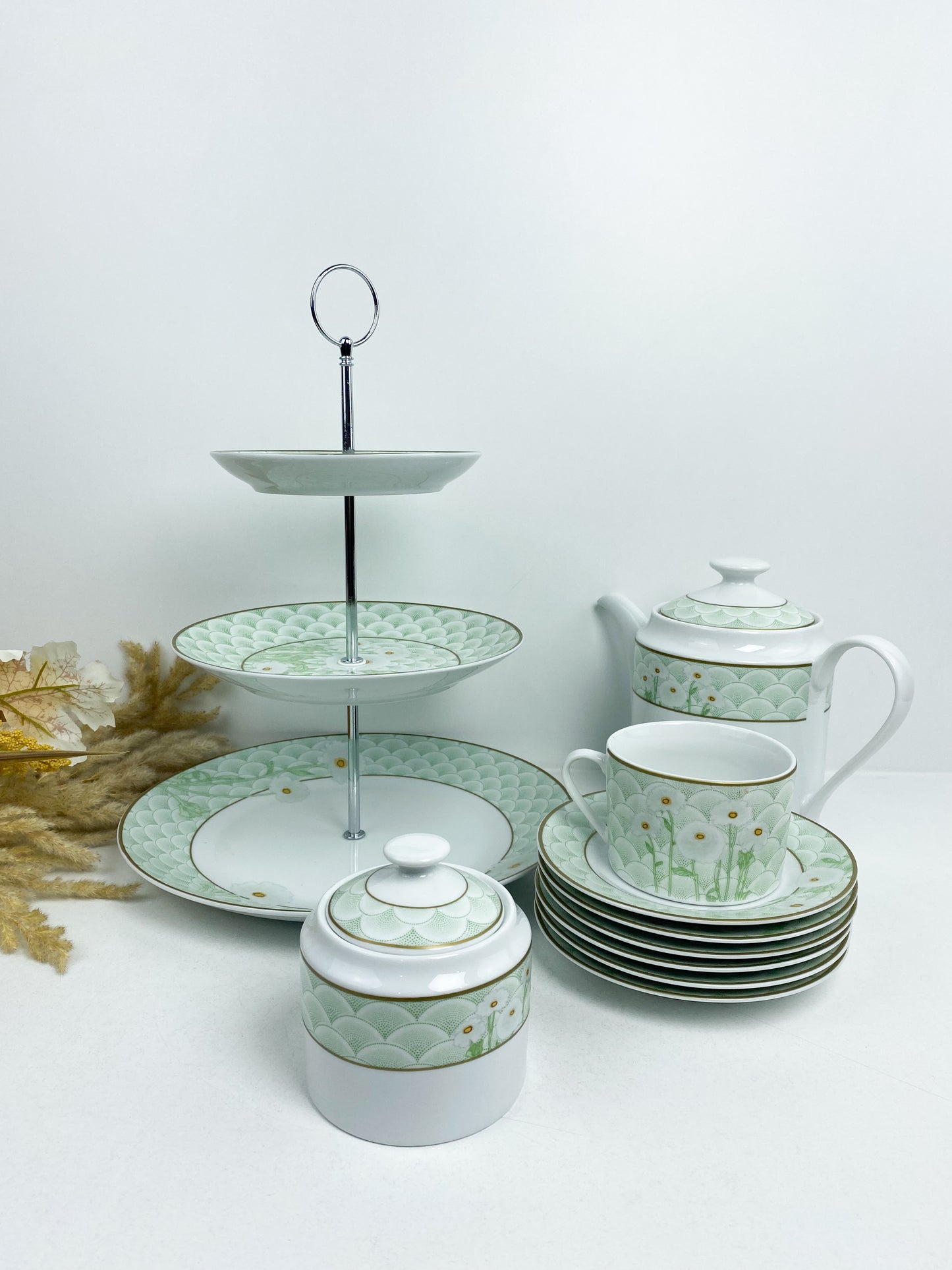 Set  à the /café-20 Pieces- service à gâteau  avec un motif floral-vert pastel