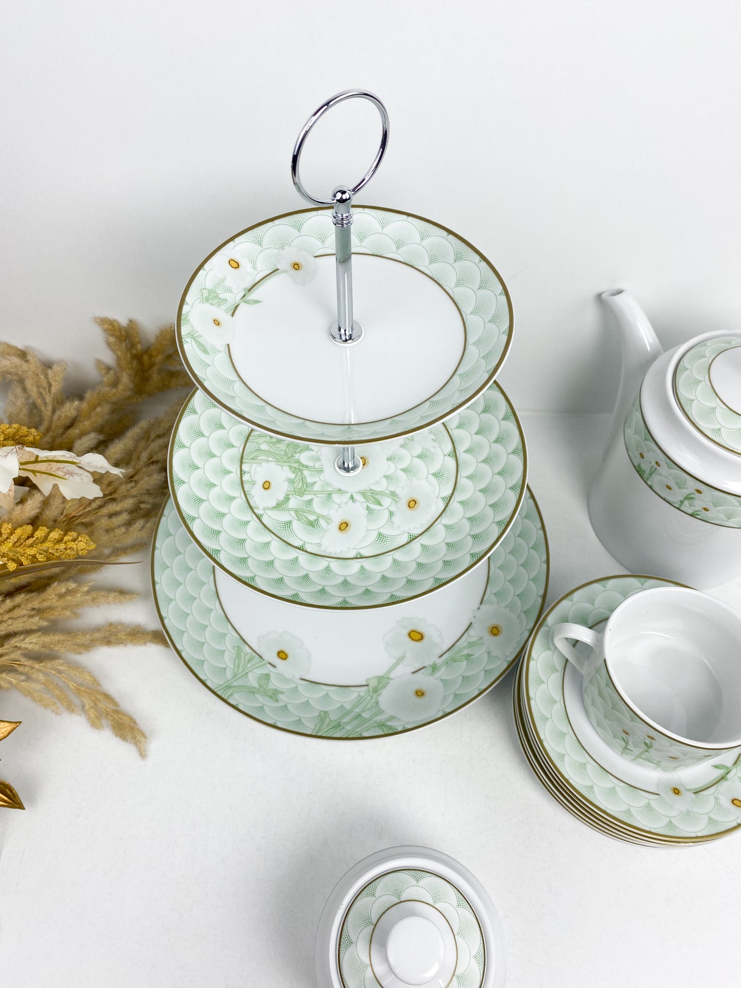 Set  à the /café-20 Pieces- service à gâteau  avec un motif floral-vert pastel