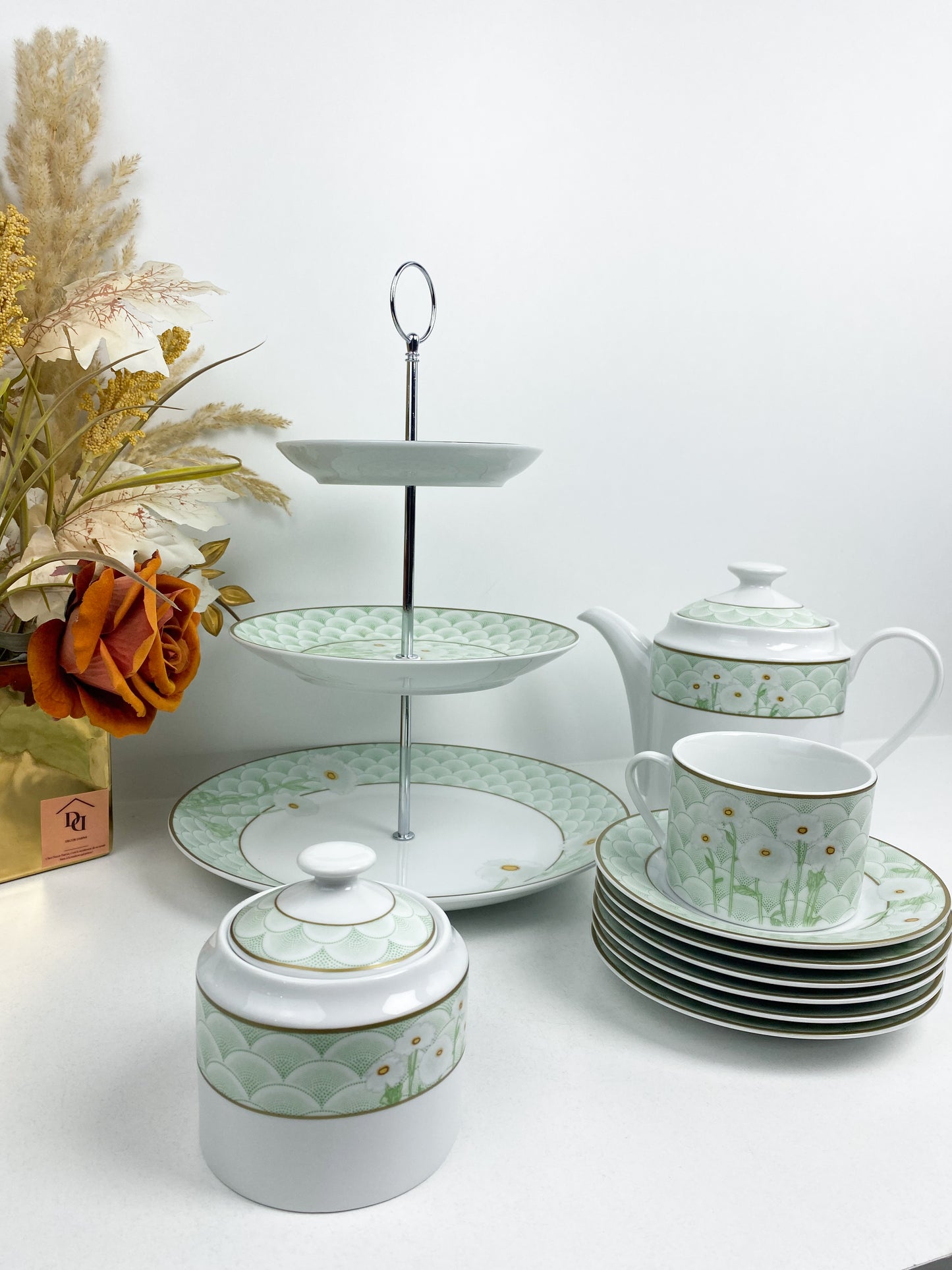 Set  à the /café-20 Pieces- service à gâteau  avec un motif floral-vert pastel