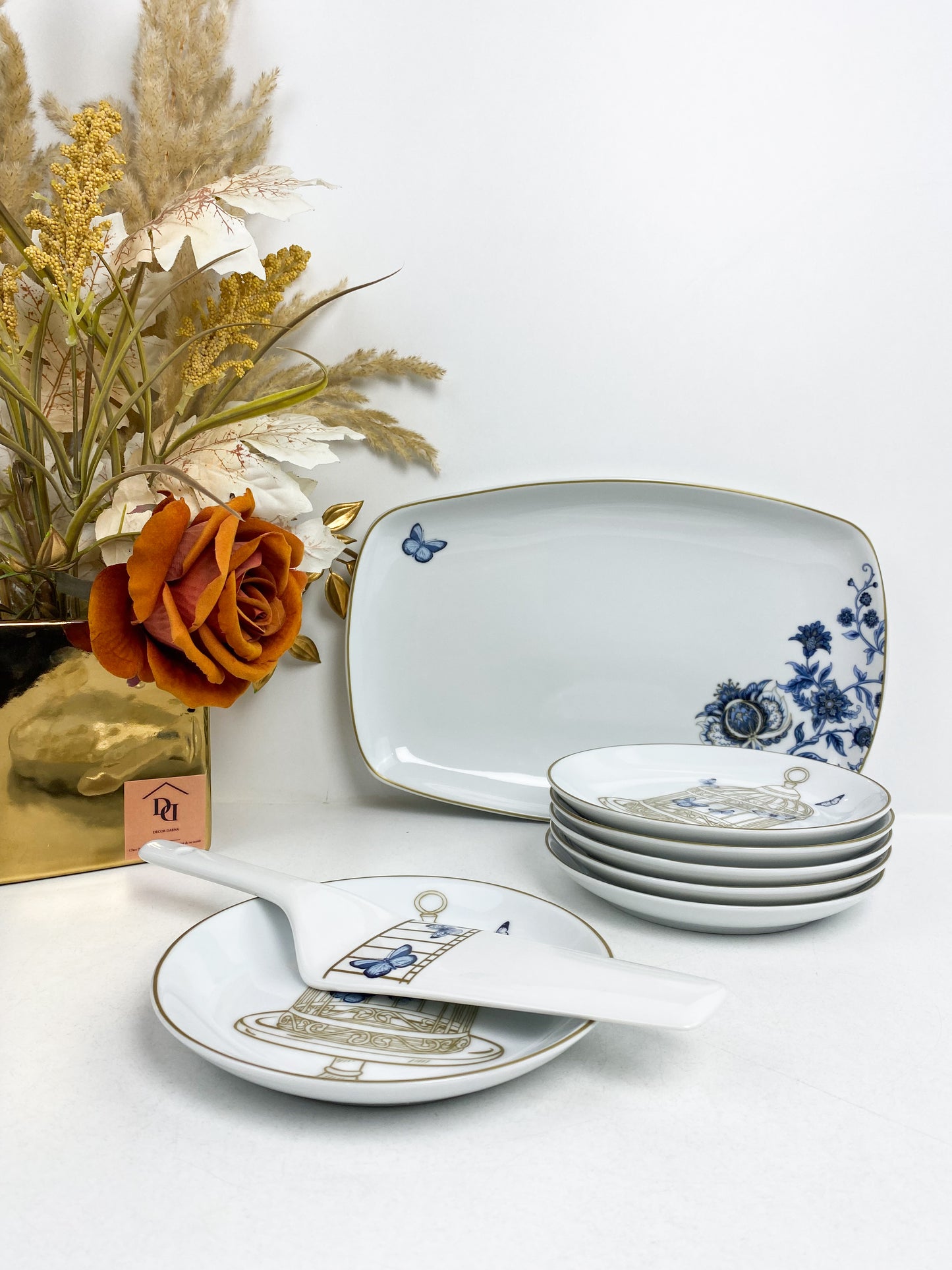 Set de 8 pièces a gâteaux en porcelaine avec motif floral bleu et papillons