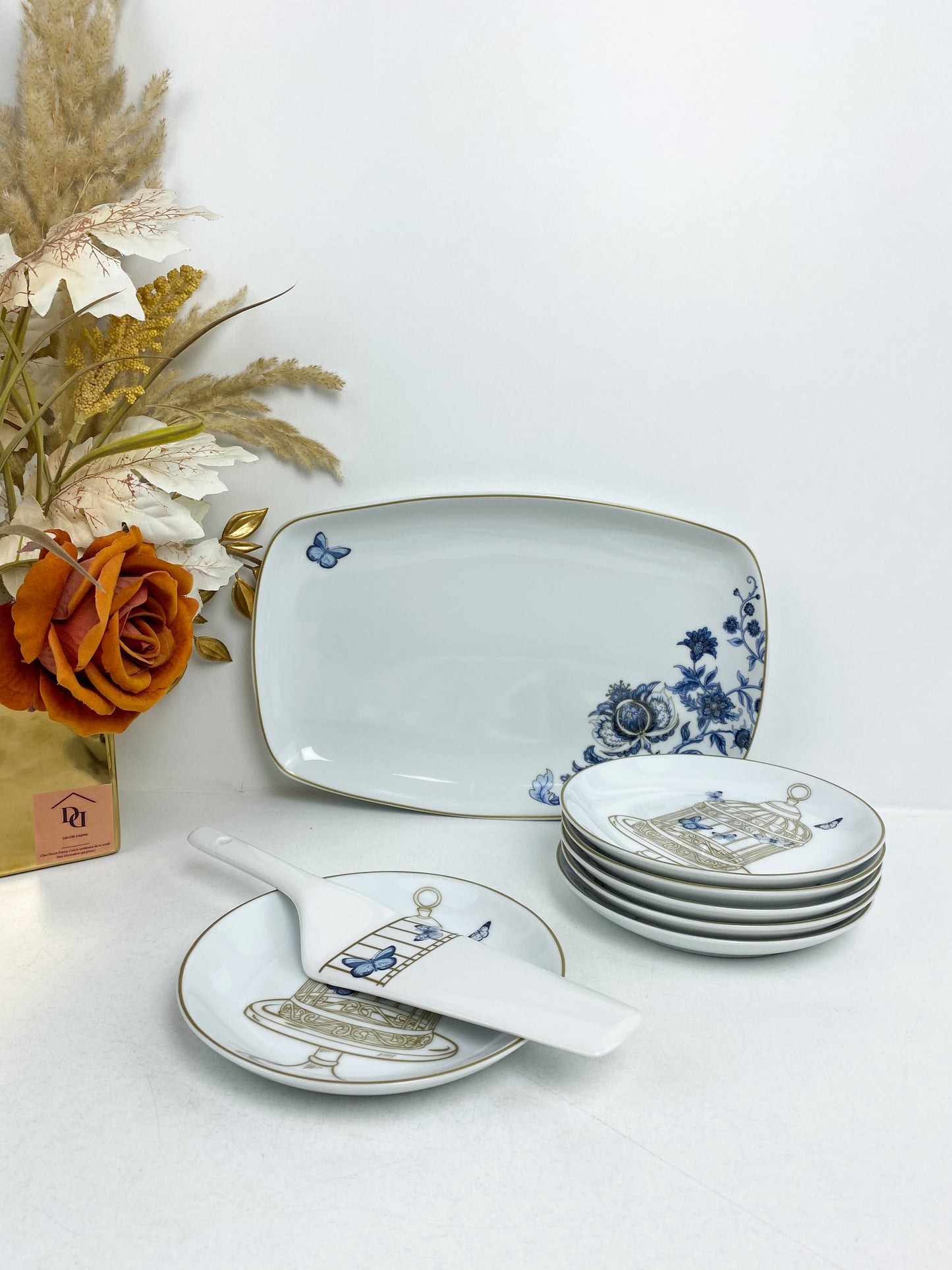 Set de 8 pièces a gâteaux en porcelaine avec motif floral bleu et papillons