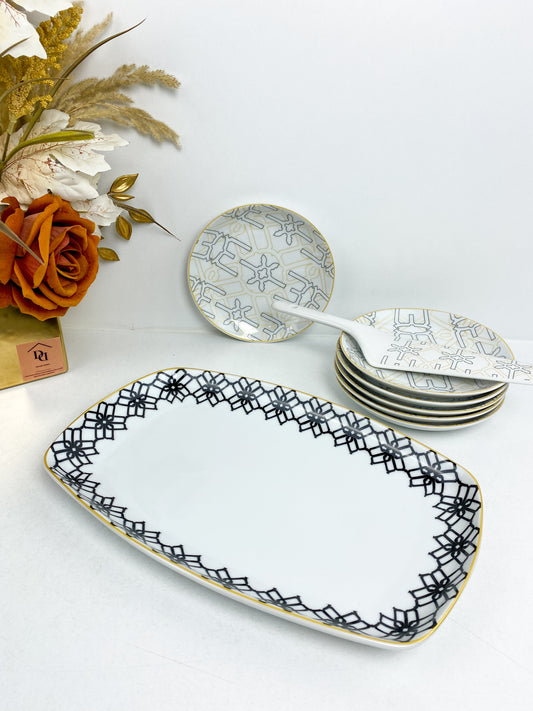 Set de 8 pièces a gâteaux en porcelaine noir et or -motif géométrique