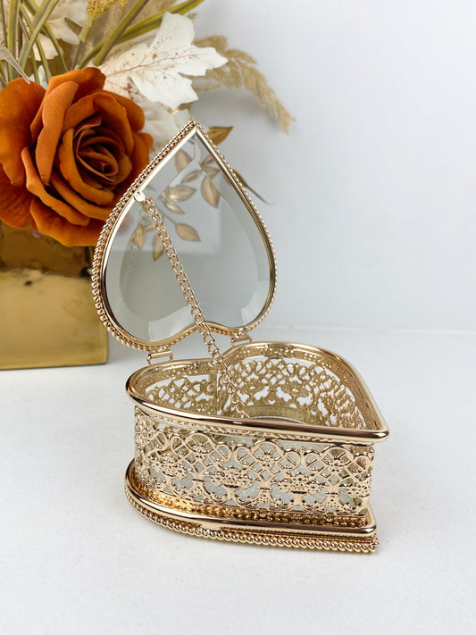 Boîte à bijoux en verre en forme de cœur personnalisé, or rose