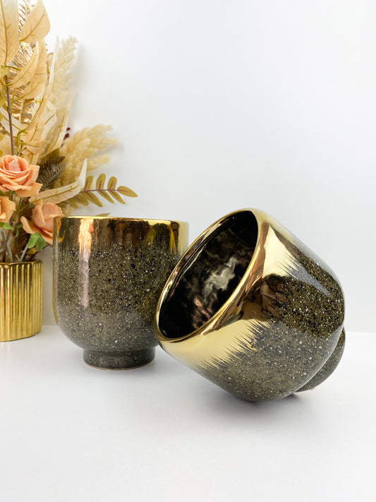 Vase et pot en céramique - émaillée vert et or