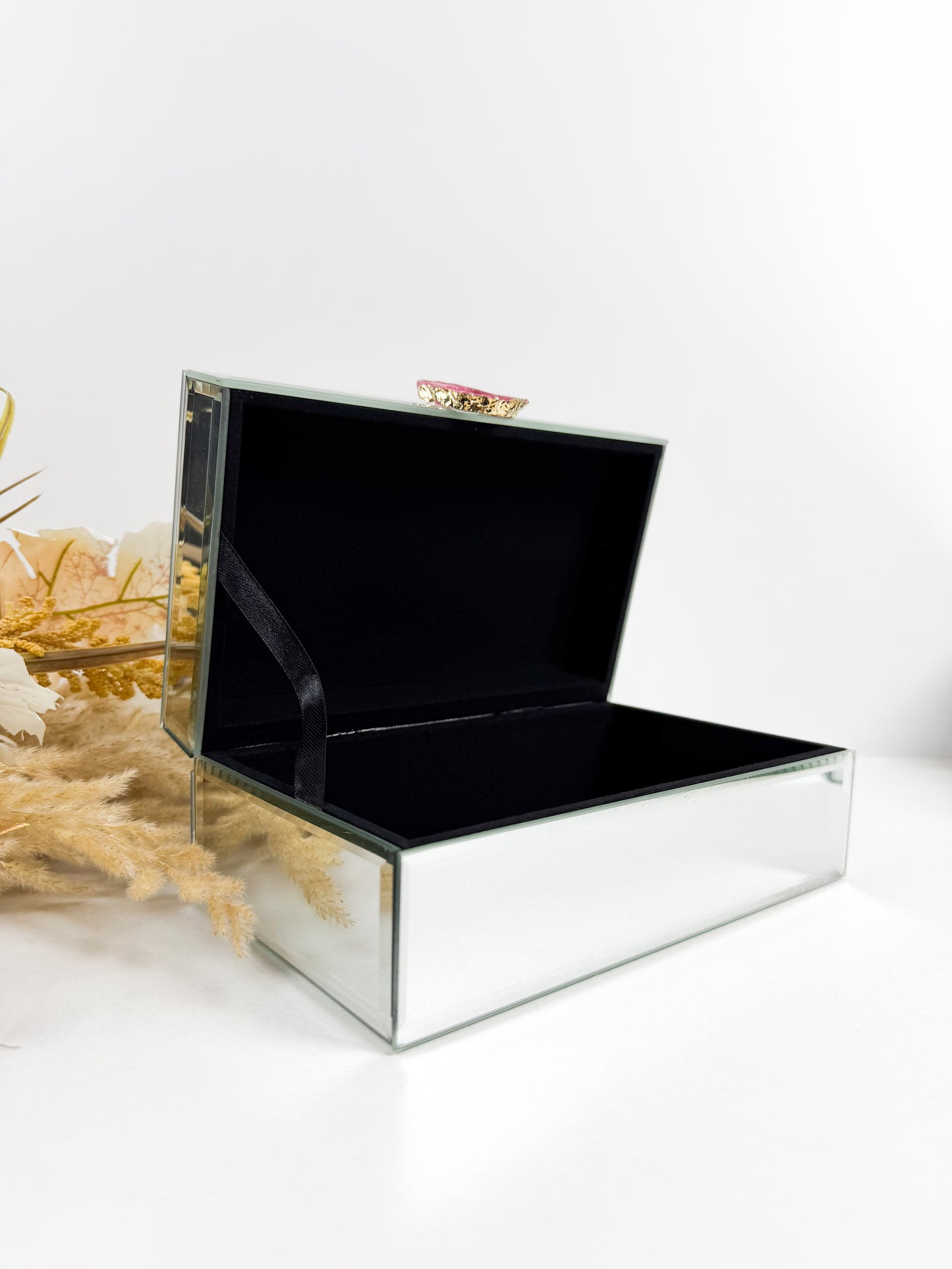 Boite décorative miroir avec pierre de quartz rose