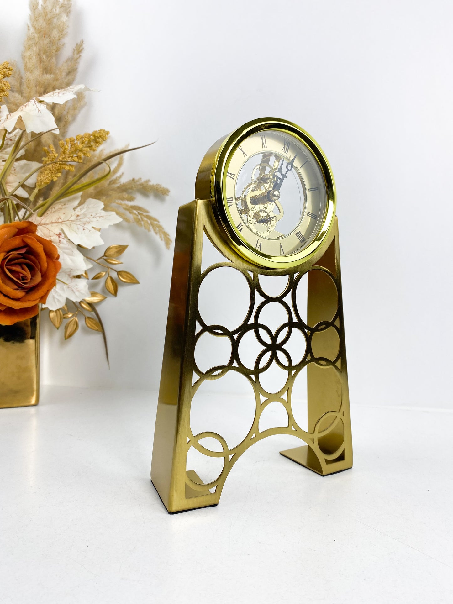 Horloge de table mécanique en métal doré