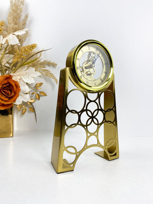 Horloge de table mécanique en métal doré