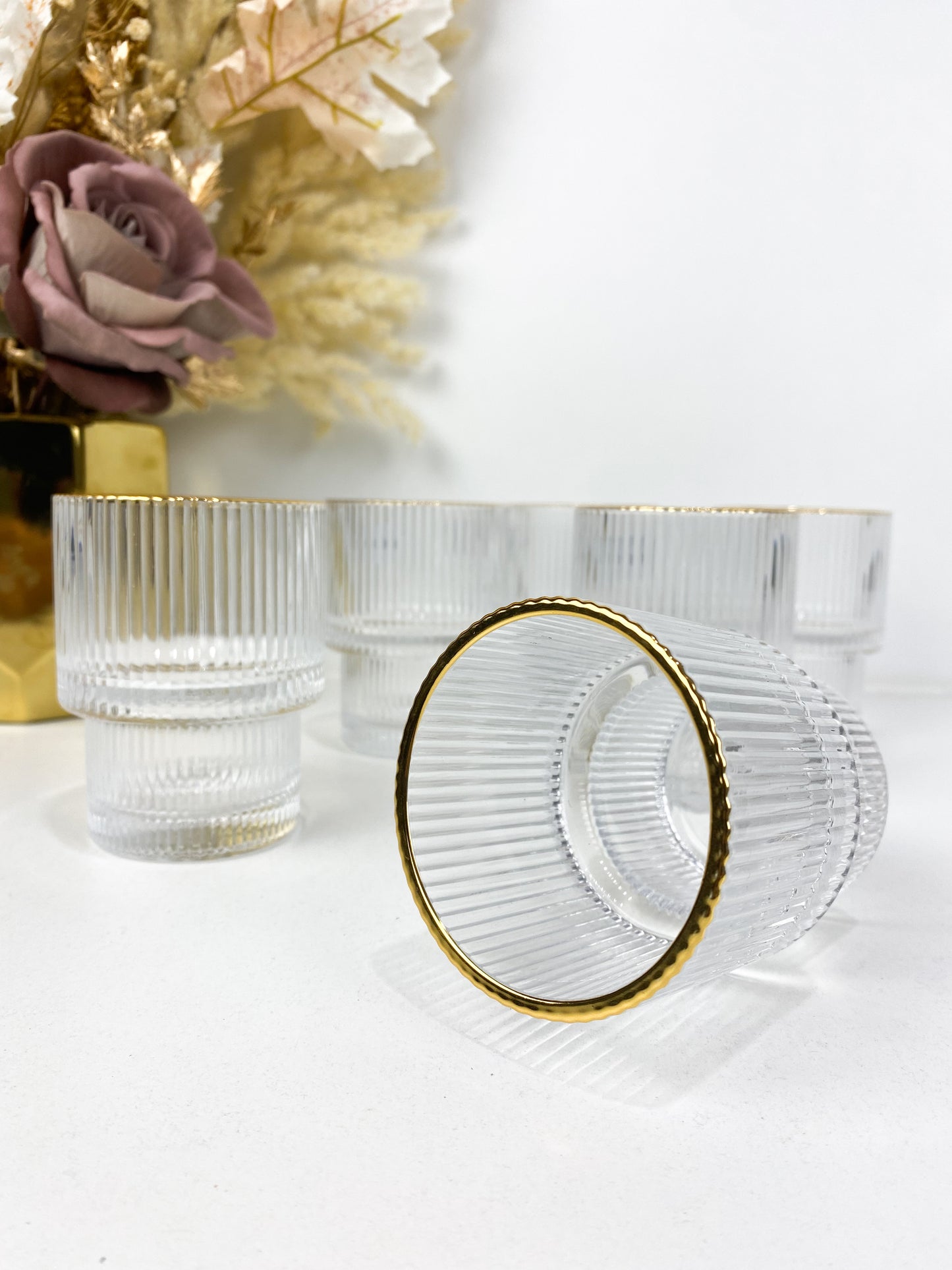 Verres –Ensemble de 6 tasses à jus en verre moderne avec bordure dorée