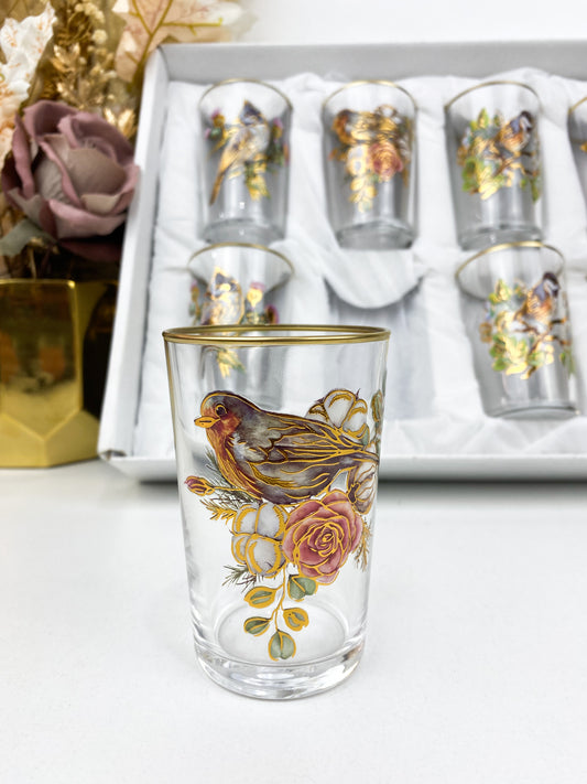 Ensemble de 12 Verres à Thé Marocains avec Illustrations Artistiques d’Oiseaux