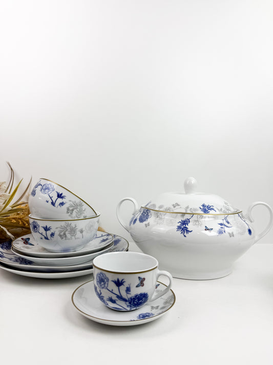 Service de vaisselle en porcelaine Papillon Bleu de prestige-38 pièces-