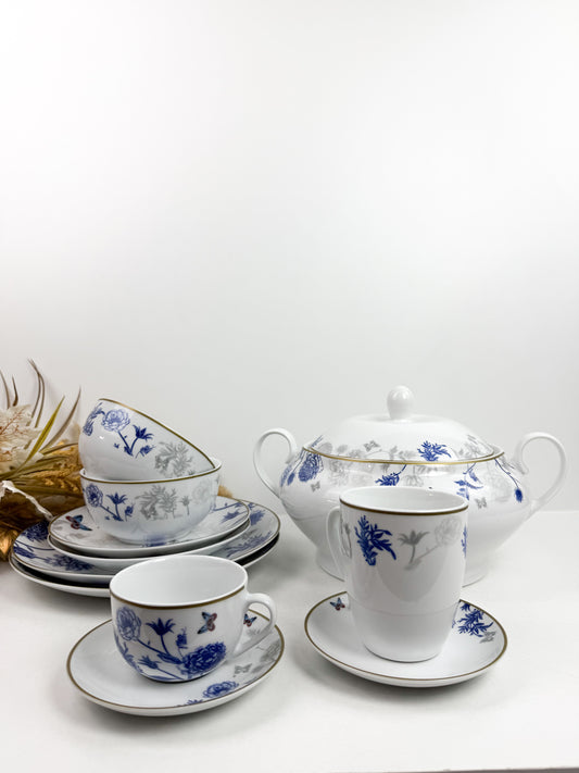 Service de vaisselle en porcelaine Papillon Bleu de prestige-38 pièces-