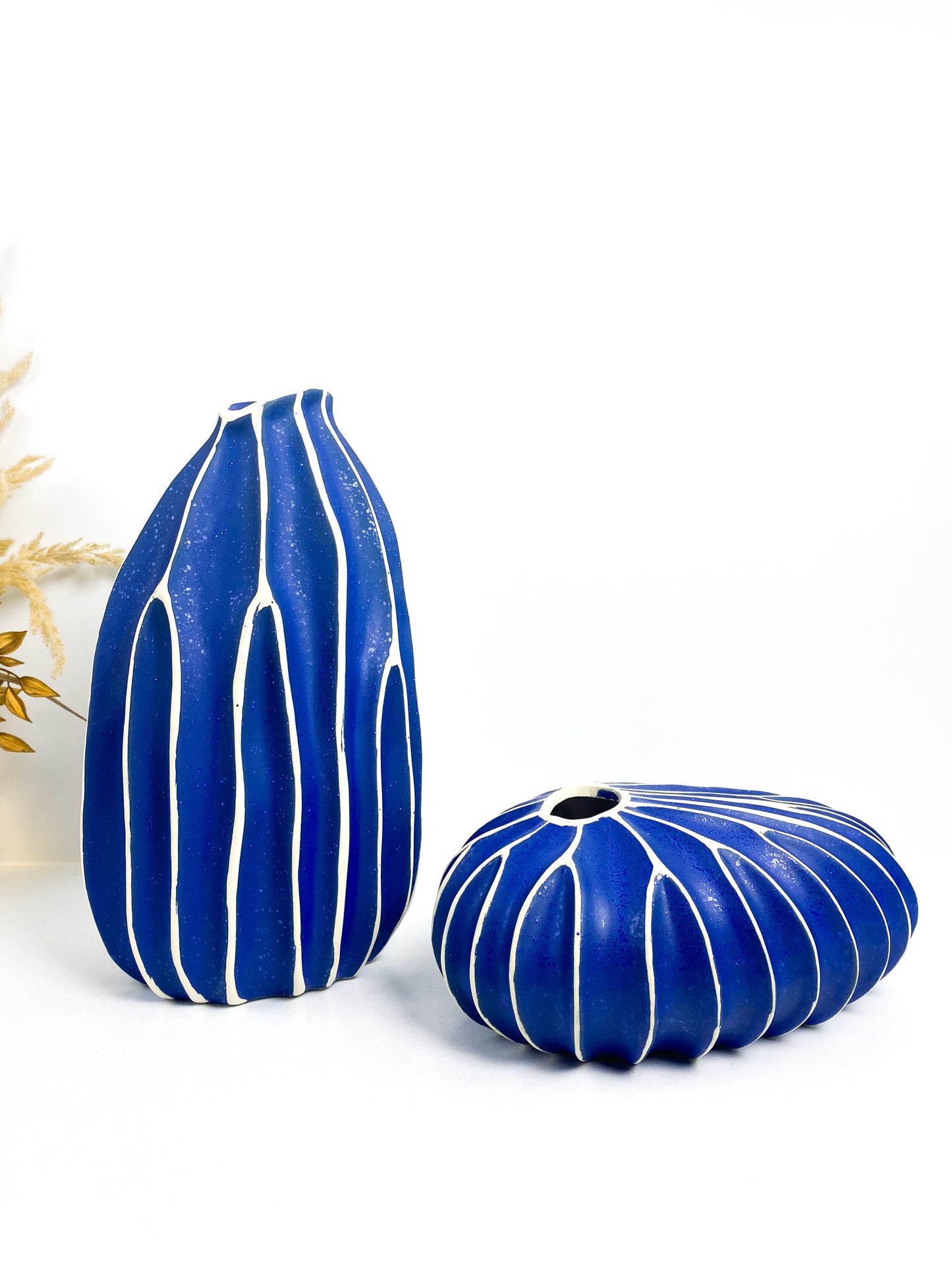 Duo Vase rayé en céramique, bleu/blanc