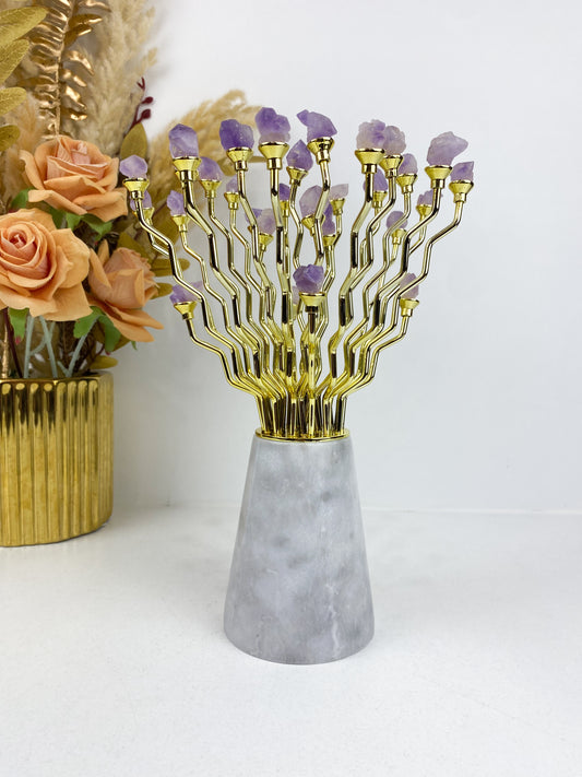 Décorations douces de style vase ornements en pierre violet avec base en marbre