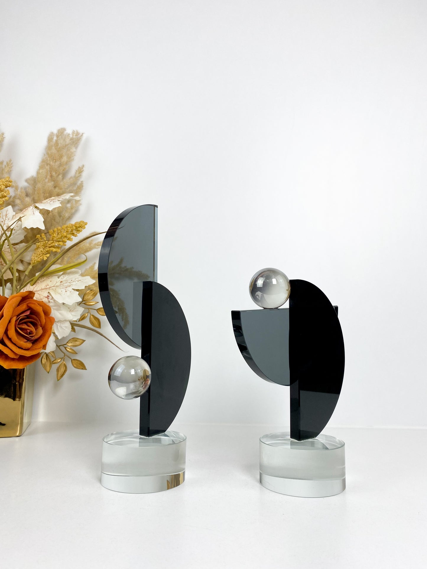 Duo Ornements géométriques transparents, boule argentée, demi-cercle