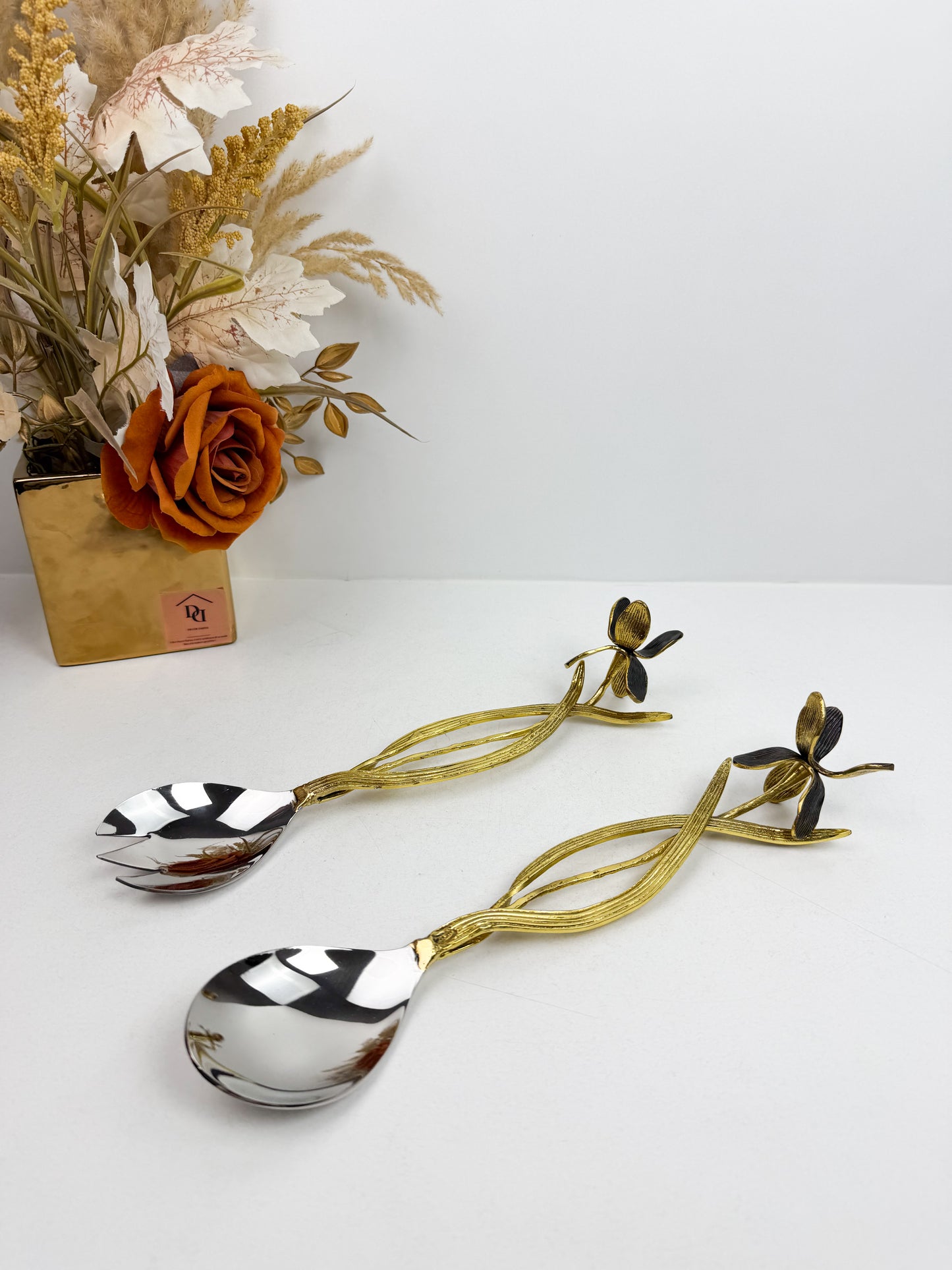 Ensemble de cuillères de service à salade , en inoxydable avec un motif de feuille fleurie