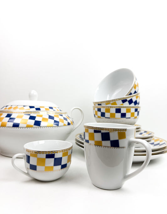 Service de vaisselle en porcelaine à motifs à carreaux bleus et jaunes 38 pièces