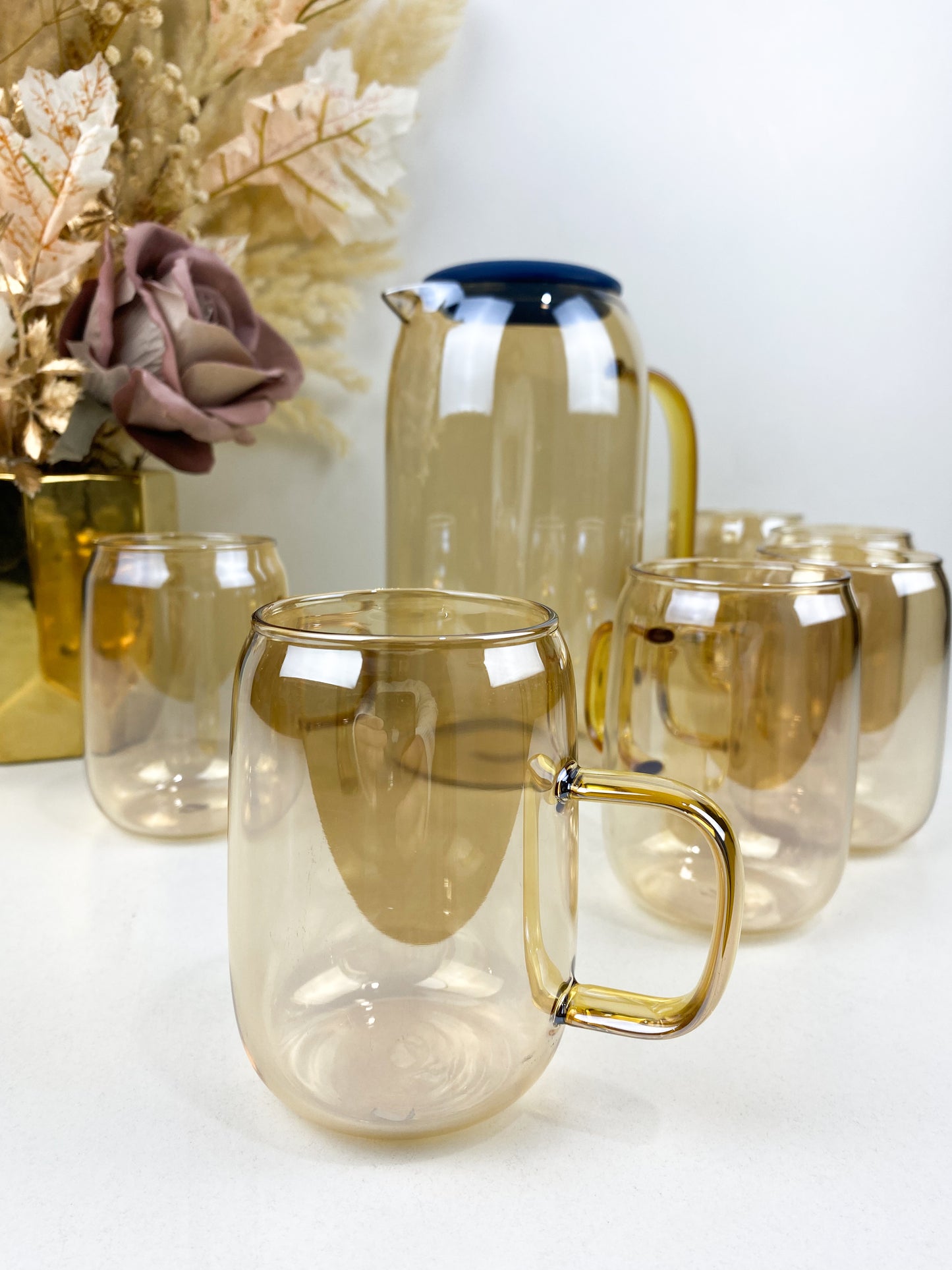 Ensemble de Service en Verre - Carafe avec Couvercle et Verres Assortis