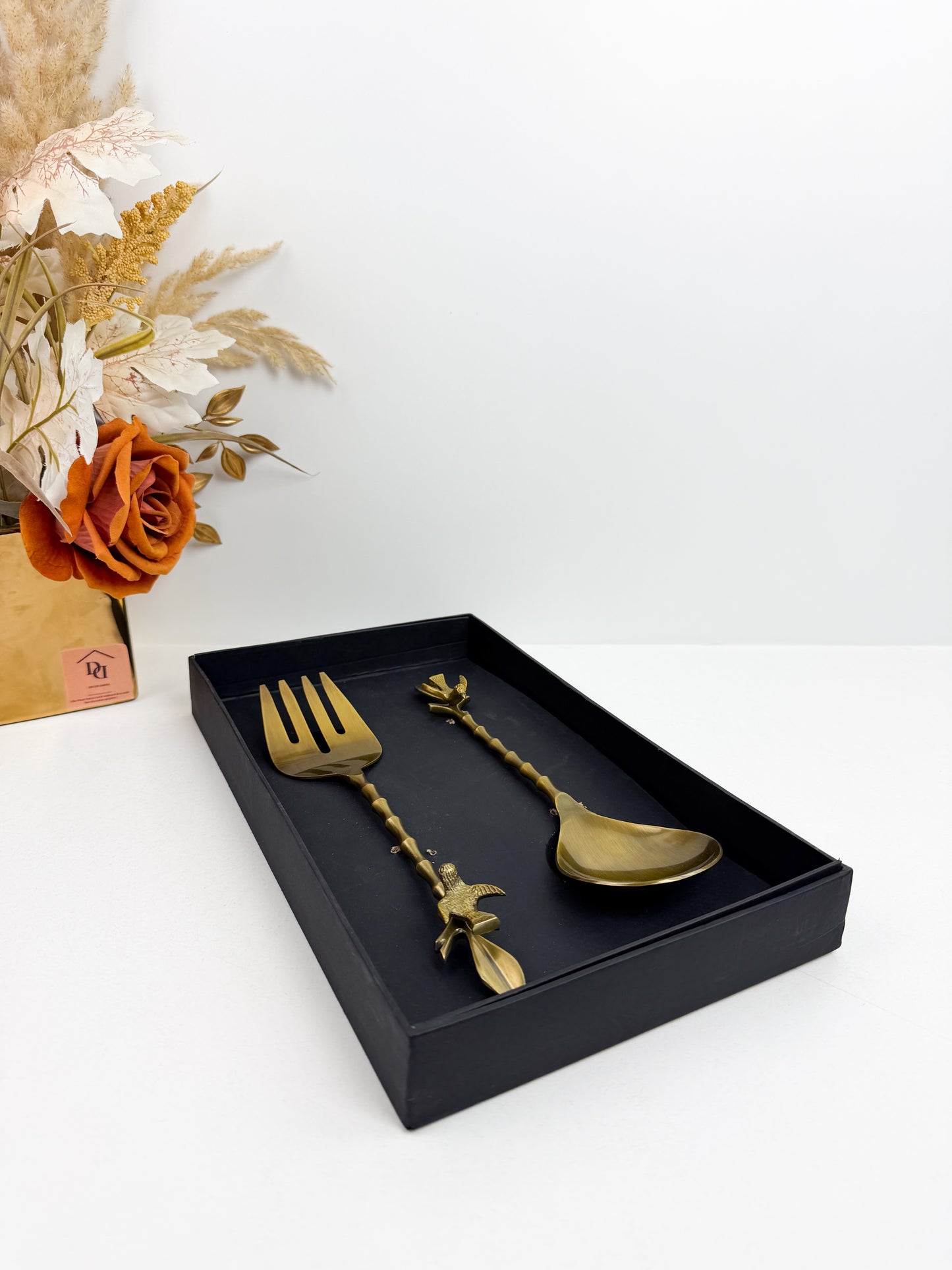 Ensemble de couverts à salade en laiton massif avec des poignées en forme d'oiseaux-Bronze
