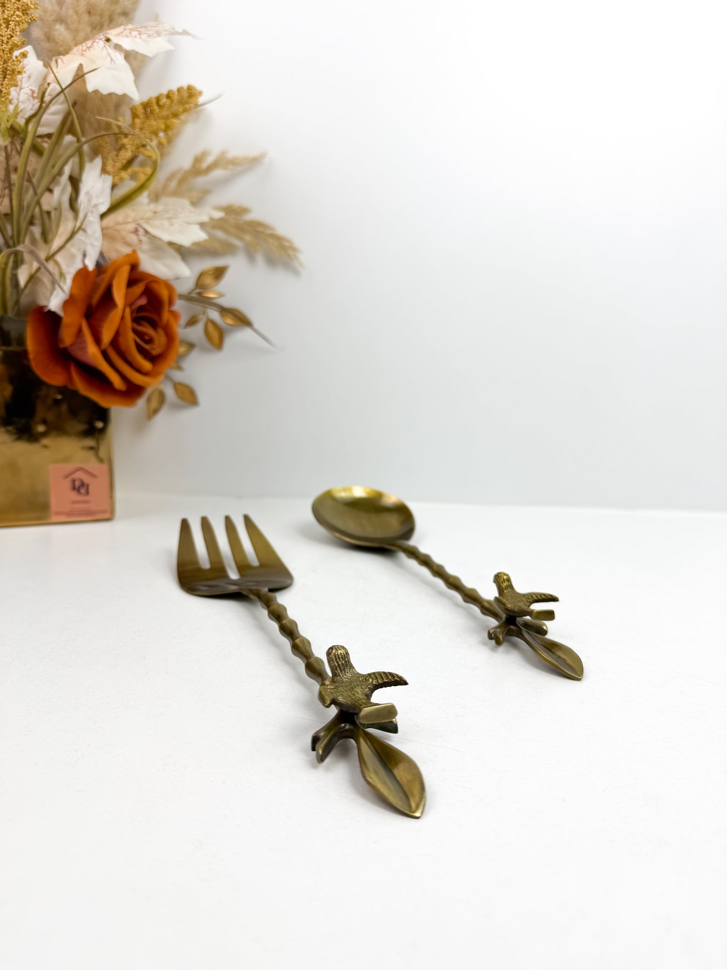 Ensemble de couverts à salade en laiton massif avec des poignées en forme d'oiseaux-Bronze