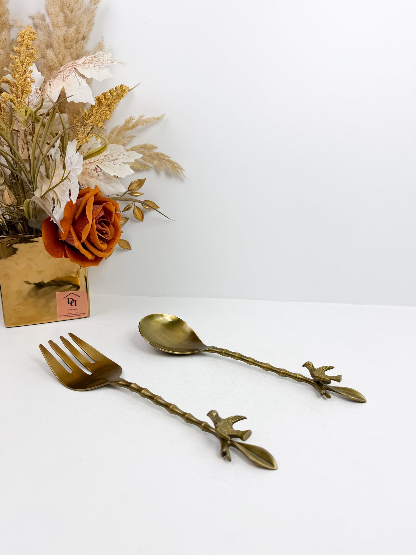 Ensemble de couverts à salade en laiton massif avec des poignées en forme d'oiseaux-Bronze