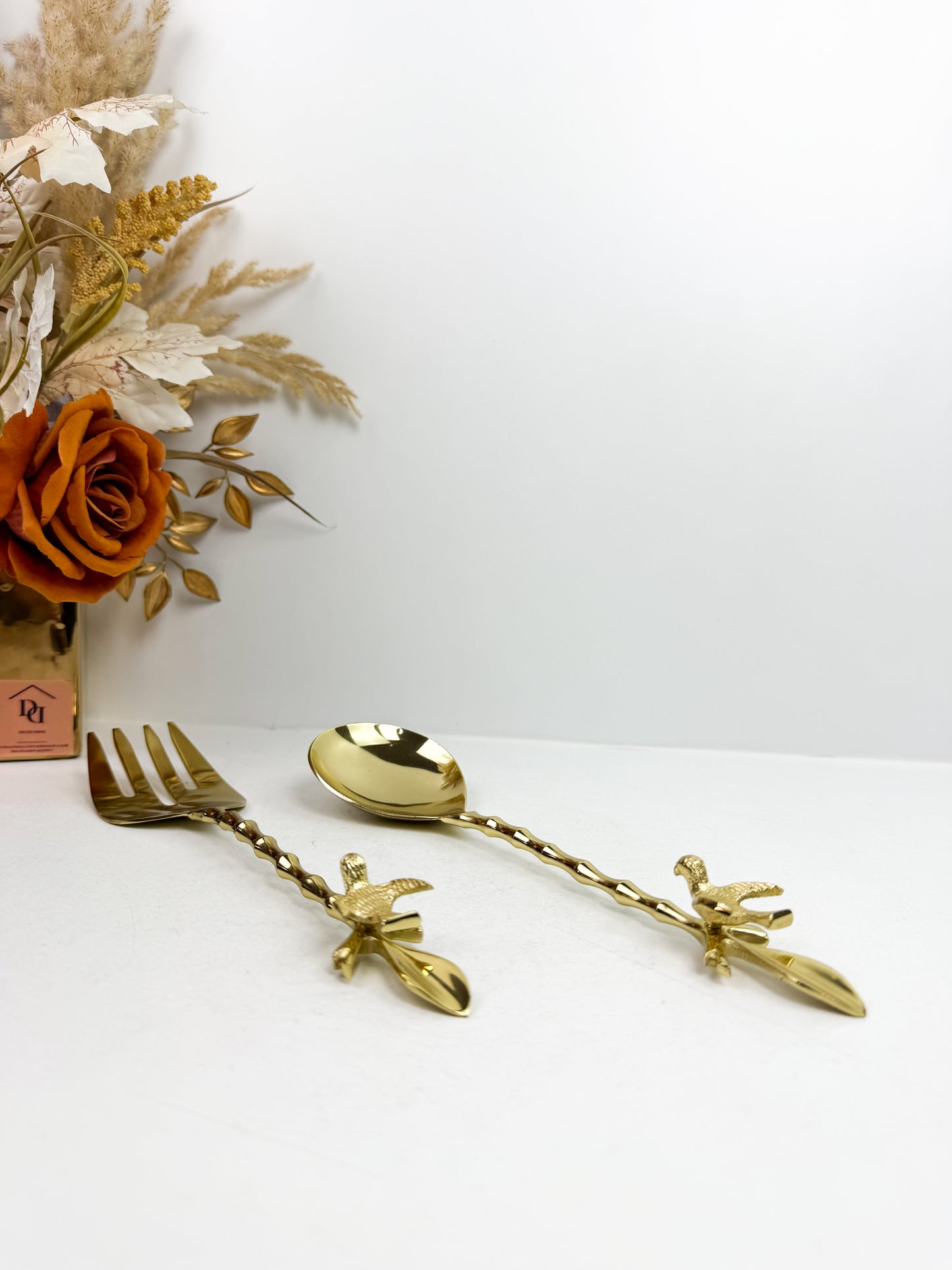 Ensemble de couverts à salade en laiton massif avec des poignées en forme d'oiseaux-Doré