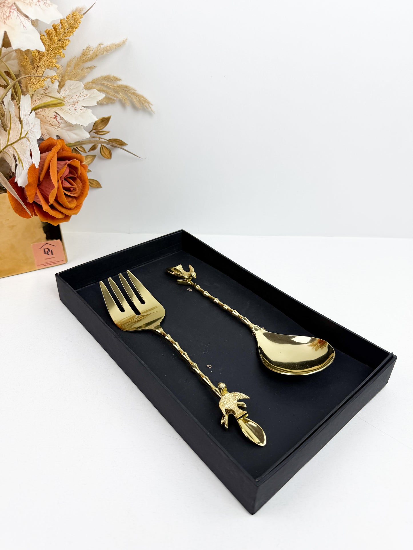 Ensemble de couverts à salade en laiton massif avec des poignées en forme d'oiseaux-Doré