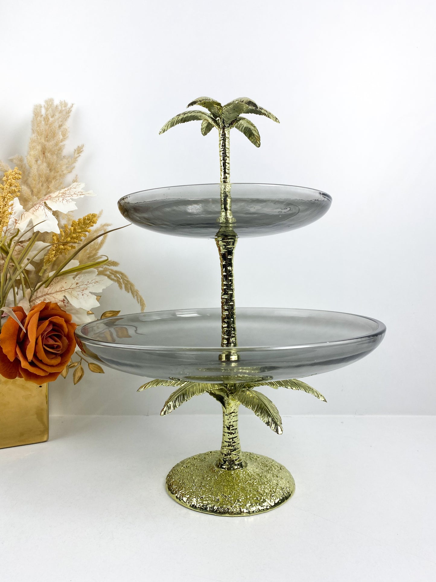 Présentoir palmier à gâteaux à deux étages gris clair de luxe, plateaux d'apéritifs