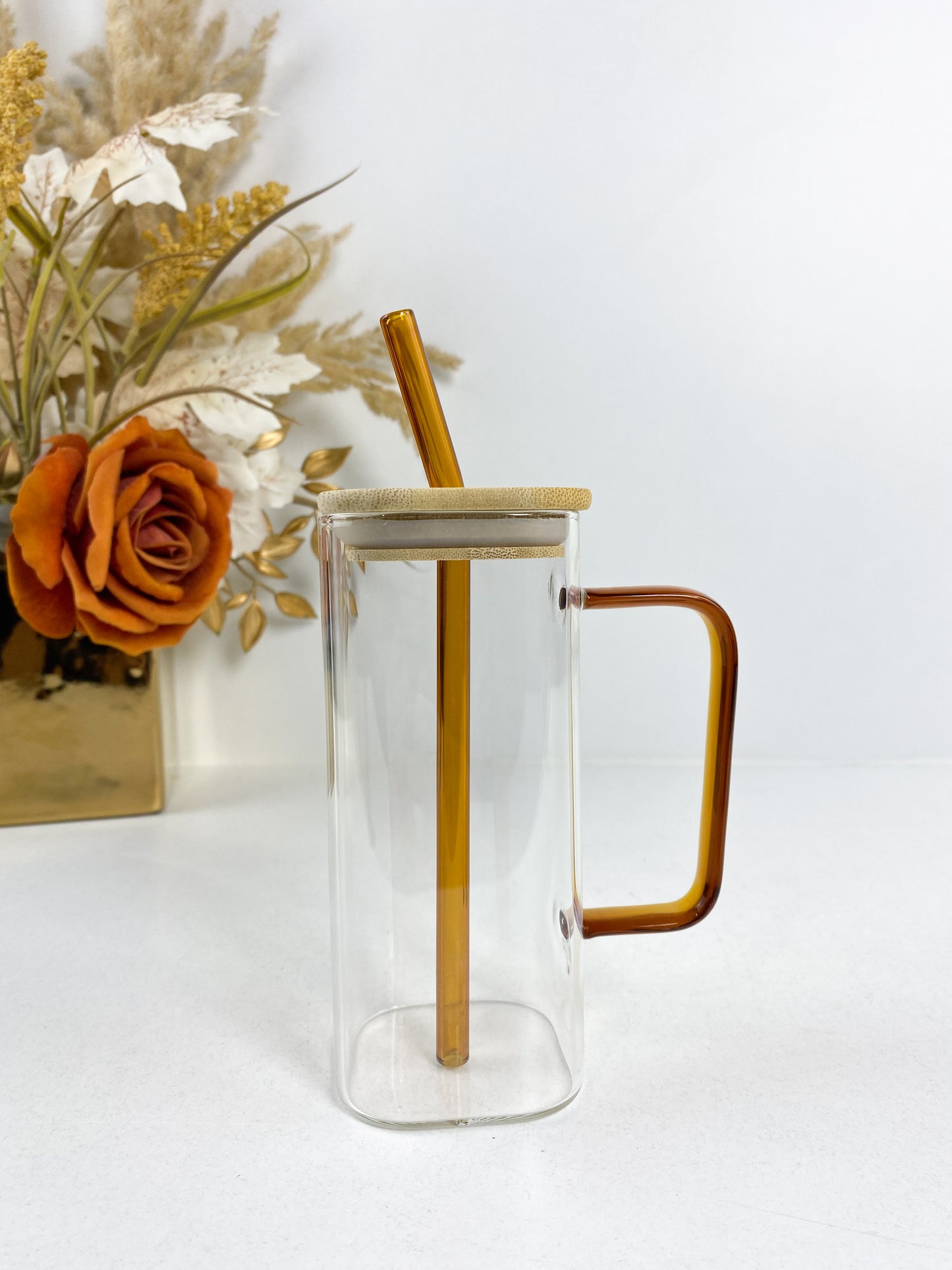 Tasse Mug en verre transparent carré  400ML,avec couvercle et Paille