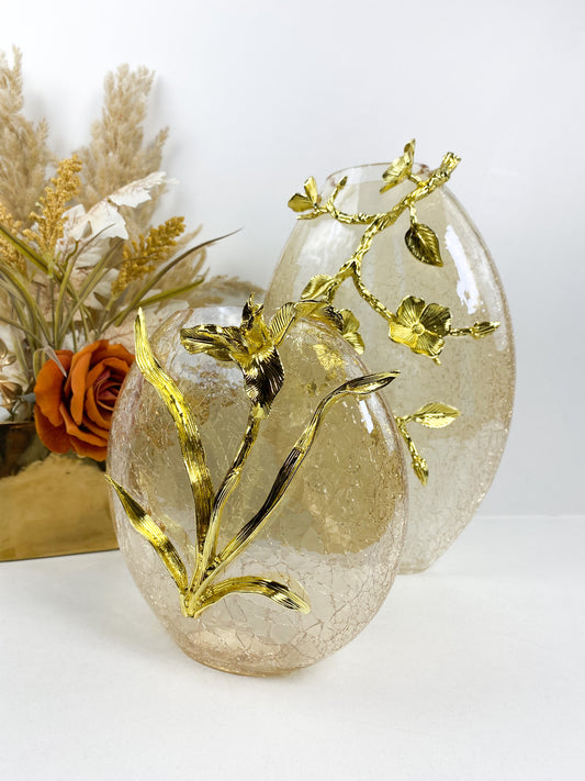 Vase en verre craquelé, rond, doré, en relief pour fleurs