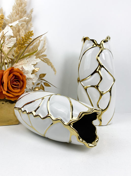 Duo vase moderne en céramique blanc doré