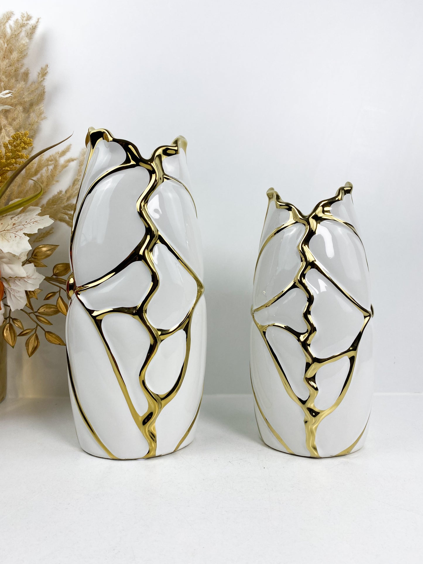 Duo vase moderne en céramique blanc doré