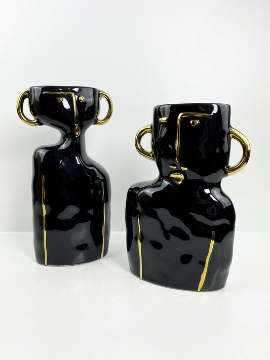 Duo vase noir visage détailles dorée