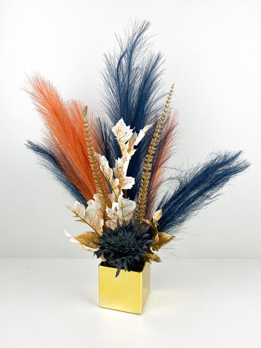 Fleurs Séchées–Vase avec fleurs séchées orange et bleu